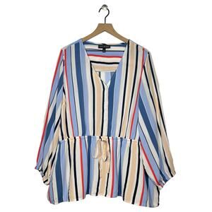 Lane Bryant Peplum Top Plus Size 24 Multicolor Striped Split Neck Drawstring
